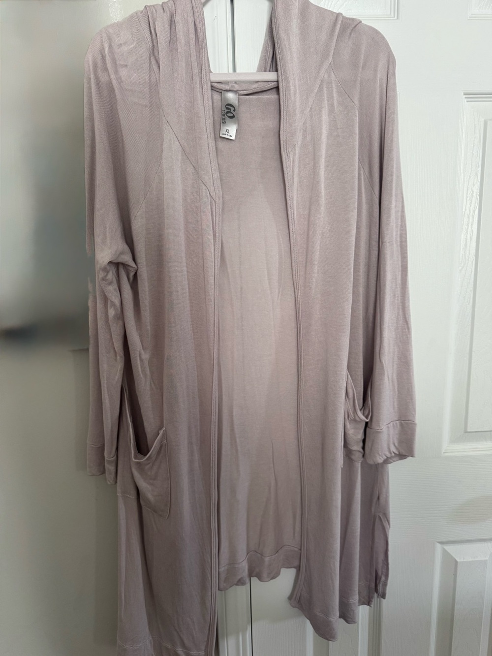 Go Couture Open-Front Hooded Cardigan Duster in Dusty Lavender